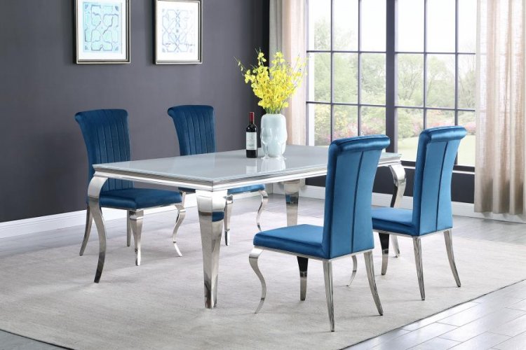 Carone 5-piece 81\" Rectangular White Glass Dining Set Teal