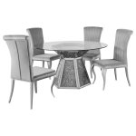 Quinn 5-piece Round Glass Top Mirrored Dining Set Grey