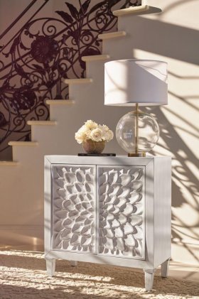 Clarkia Accent Cabinet with Floral Carved Door White